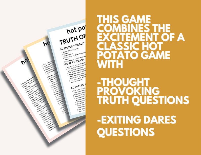 Puede incluir: Tres tarjetas de juego coloridas, rosa, amarilla y azul, con el texto "hot potato truth or dare". El juego combina el cl&aacute;sico juego de la patata caliente con preguntas de verdad y desaf&iacute;os.