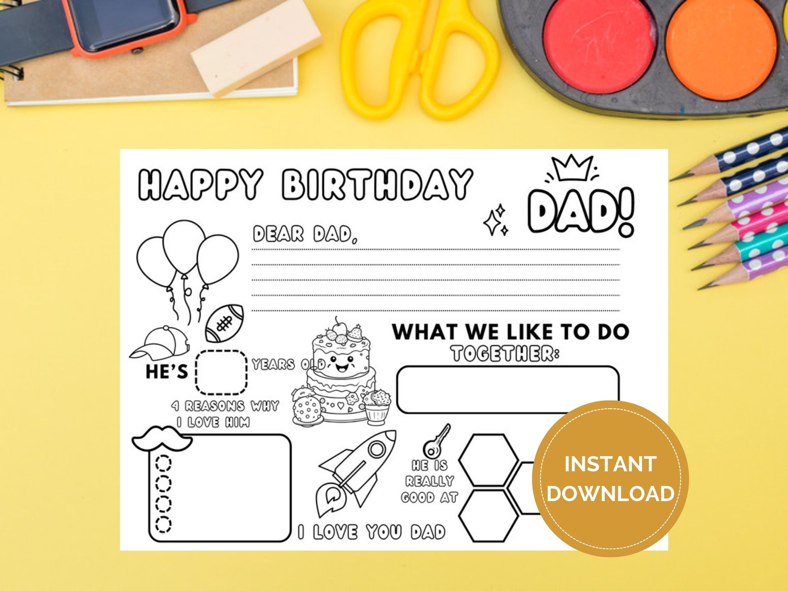 Happy Birthday Daddy Coloring Page, Printable Birthday Card for Dad ...