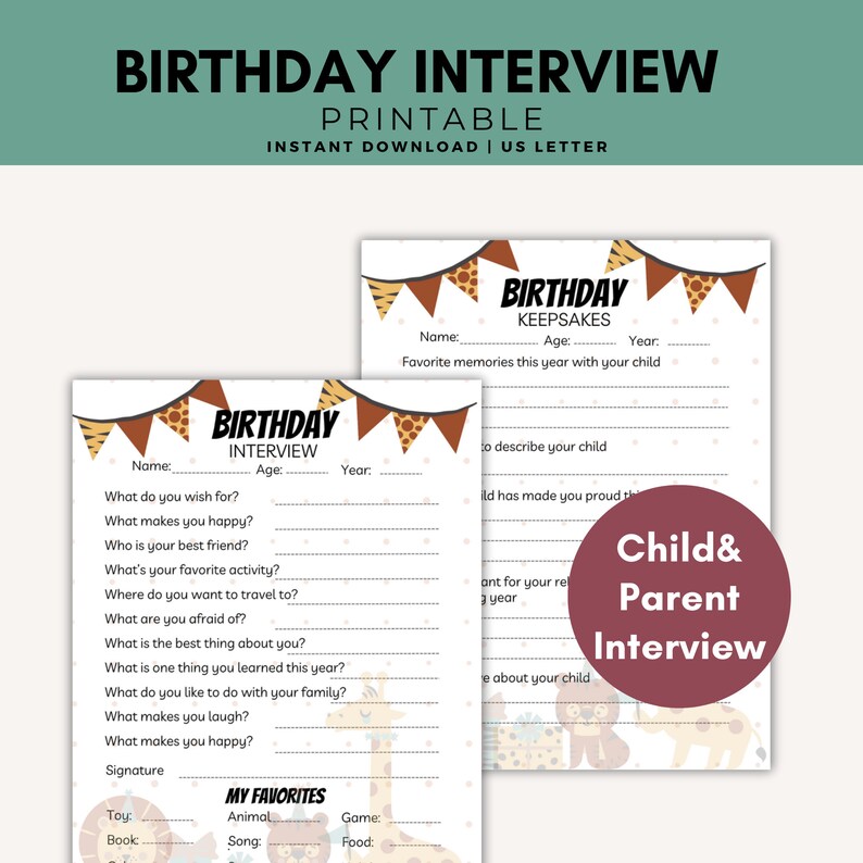 Printable Kids Birthday Interview Form Childs Birthday Keepsake