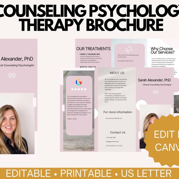 Psychologist Therapist Brochure, Trifold, Double-sided flyer, Customizable Canva Template, Clinical Psychotherapist Mental Health Business