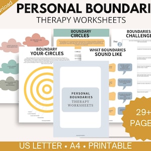 May include: A set of printable worksheets for personal boundaries therapy. The worksheets feature a variety of exercises and activities to help individuals identify and set healthy boundaries. The worksheets are designed to be used in individual or group therapy sessions. The cover image features a yellow and white circle design with the text "Personal Boundaries Therapy Worksheets".