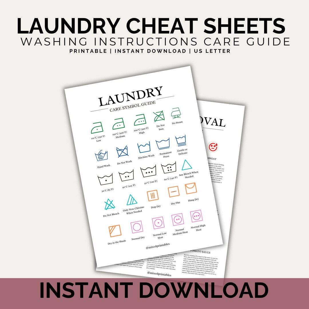 Laundry Room Care Guide Printable Laundry Symbols Art, Stain Treatment ...