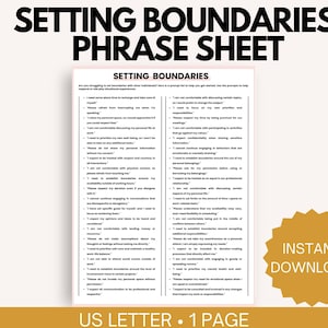 Può includere: Un foglio di lavoro stampabile con il titolo "Setting Boundaries Phrase Sheet" e un elenco di frasi per aiutare a stabilire confini nelle relazioni personali e professionali. Il foglio di lavoro è in bianco e nero con un bordo dorato e bianco. Le parole "Download immediato" sono in un cerchio dorato sul lato destro della pagina.