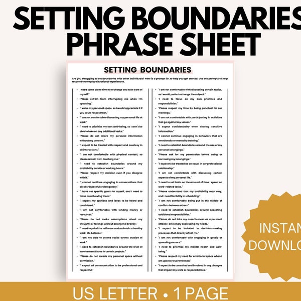 Empower Yourself with 40 Setting Personal Boundaries Phrases, Boundaries Phrase list, Health Resources, Relational Boundaries worksheet