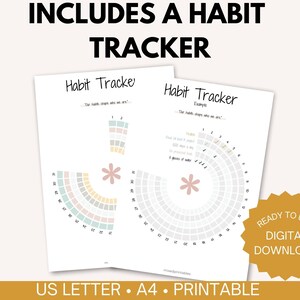 May include: Printable habit tracker with two pages, each with a circular chart divided into sections for tracking daily habits. The chart is designed to track habits for 30 days. The text "Our habits shape who we are." is included on the page.