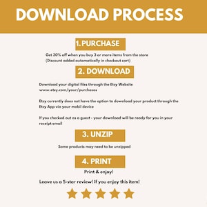 May include: A yellow and white graphic with the text "Download Process" in black. The graphic outlines the steps to download a digital product purchased from Etsy. The steps include purchasing, downloading, unzipping, and printing. The graphic also includes a 5-star rating system and the text "Leave us a 5-star review! If you enjoy this item!"