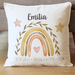 Birth pillow with names and dates of birth - rainbow