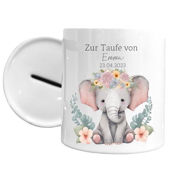 Spardose zur Taufe mit Namen und Taufdatum  - Elefant - Personalisierte Taufgeschenke