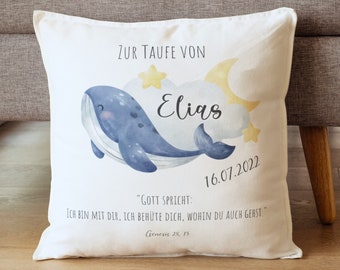 Kissen zur Taufe mit Namen, Taufdatum und Segensspruch - Wal - Personalisierte Taufgeschenke