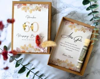 Geldgeschenk zum 60. Geburtstag - Mit Trockenblumen und Reagenzglas - Geschenkschachtel - Personalisiertes Geburtstagsgeschenk - Blumen