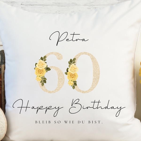 Kissen zum 60. Geburtstag mit Namen, Alter und Spruch - Personalisierte Geschenke zum runden Geburtstag