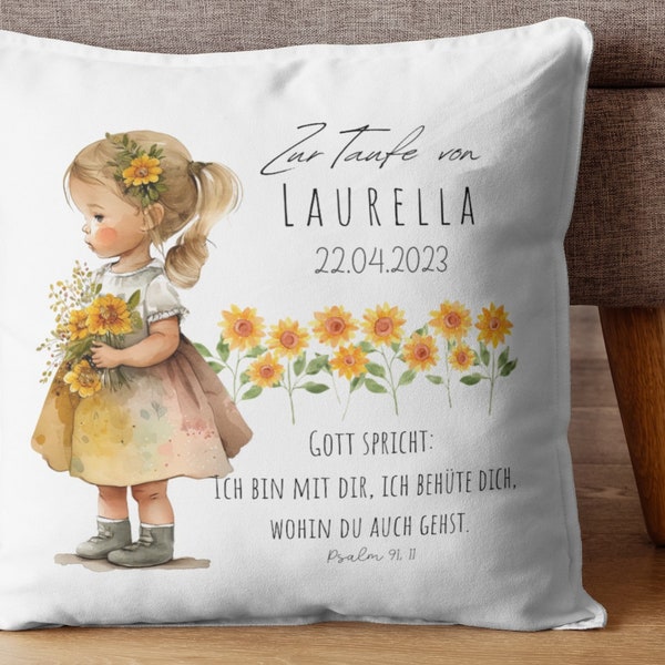 Kissen zur Taufe mit Namen, Taufdatum & Segensspruch  - Mädchen mit Sonnenblumen - Personalisierte Taufgeschenke