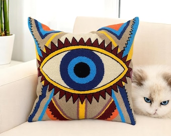 Handmade Tufted Evil Eye Cushion Cover, Cotton, 50x50 cm, Boho and Colourful