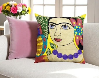 Frida-Inspired Embroidered Cushion | 50x50cm | Boho Face Art Design | With Insert | Handmade in UK | Colourful Pillow Cover with Padding