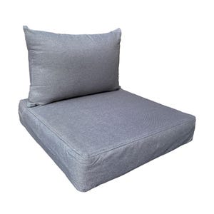 May include: A grey outdoor cushion set, comprising a seat cushion and a back pillow. The cushions are made from a textured fabric and are designed for outdoor furniture. The set is a solid grey colour, offering a neutral and versatile look for any patio or deck.