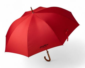 Wind‑Resistant Walking Stick Umbrella Wood Handle Auto Open Windproof Red Brolly UV Resistant Fabric HideWise London