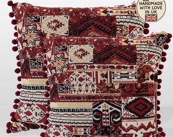 Set of 2 Boho Patchwork Cushions with Inserts | 50x50cm | Burgundy & Cream | Pom Pom Bobble Trim | Handmade in UK