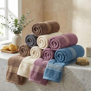 Puede incluir: Una colección de toallas de baño enrolladas en varios colores, incluyendo marrón, gris, crema, morado y azul. Cada toalla presenta una franja decorativa cerca del borde. Las toallas están apiladas sobre una superficie de mármol.