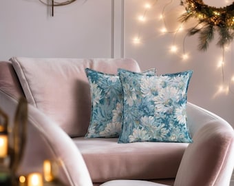 Teal Floral Tapestry Cushion Covers, Set of 2, 50x50 cm, Vintage Daisy Design
