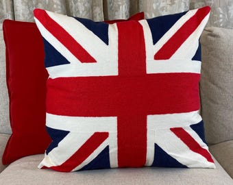 Luxury Embroidered Union Jack Cushion Cover – 50x50cm | Premium Scatter Sofa UK Flag Throw Pillow with Cotton Insert Pad British Home Décor