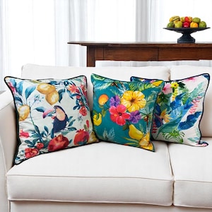 Luxurious Plush Velvet Cushions Soft Cushion Pillow cover – Handmade Vibrant Floral & Tropical Designs, 50x50cm with 100% Polycotton Insert