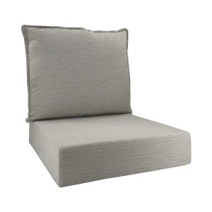May include: A light grey outdoor chair cushion set, comprising a seat cushion and a back cushion. The cushions have a textured, ribbed fabric and a neutral colour, suitable for various patio furniture styles. The back cushion is square-shaped.