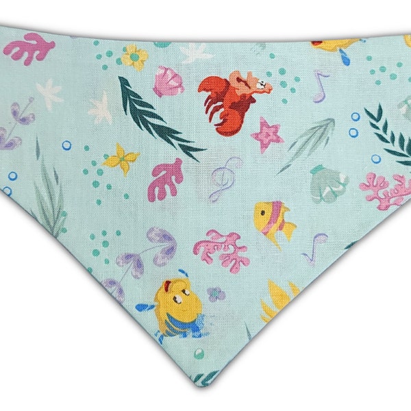 The Little Mermaid Pet Bandana, Reversible Over the Collar Pet Bandana, Disney Little Mermaid Flounder and Sebastian Double Sided Bandana