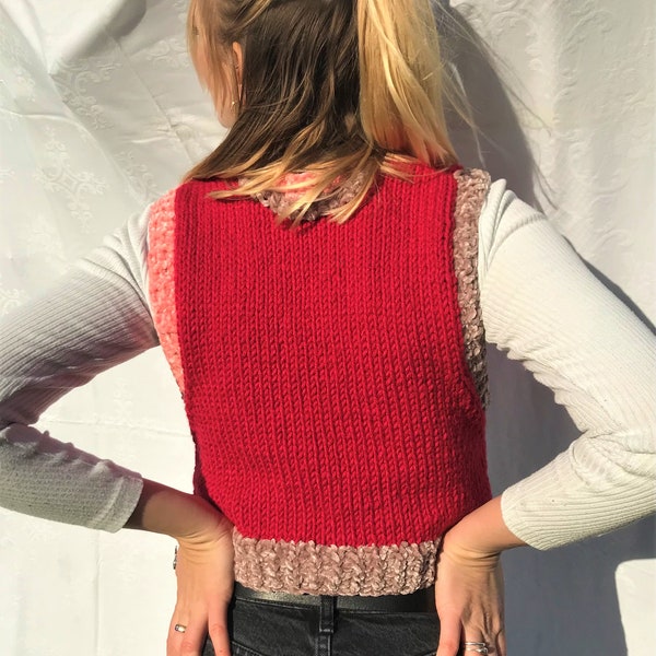 Pullunder, Wolltop, Weste, vest, handknitted, Handarbeit, Strick, Wolle, ärmellos, kurz, hochwertig, Strickweste, chunky, short, rot, rosa