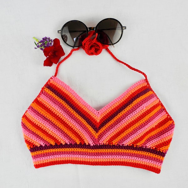 Sommer Bustier, Festival, Häkeltop, crochet top, Baumwolle, handmade, cotton, pink, rot, Gr S M, bauchfrei, Oberteil Damen, Bikini