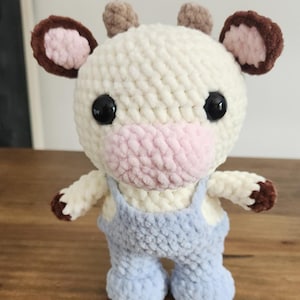 Crochet Cow Plushie in Overalls: Handmade Amigurumi Farm Toy