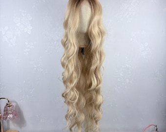 Super Long Wavy Blonde Wig, Light Brown Roots, Lace Front Human Hair Blend, Daily Wear Style