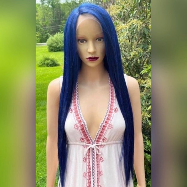 Long straight daily wig Dark Blue Human Hair Blend, front lace with side parting