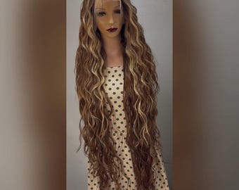 Super Long Wavy Ombre Brown Wig with Highlights – Human Hair Blend Lace Front Daily Wig | Natural Look Wig