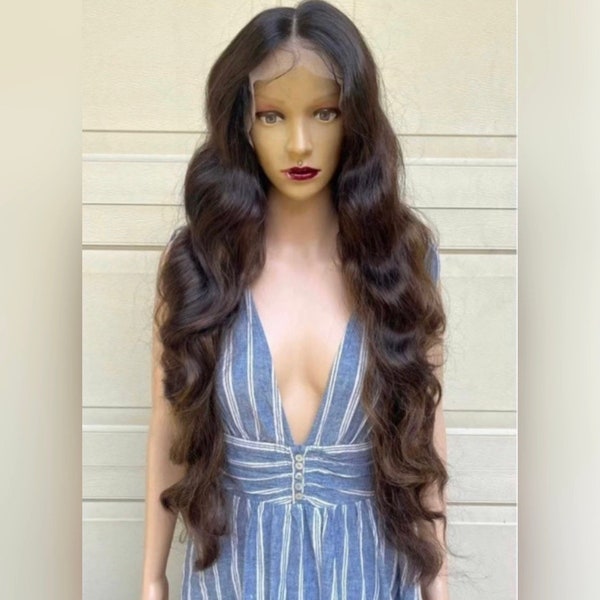 Long wavy daily wig.  Brown with baby highlights, Human Hair Blend, lace front middle parting