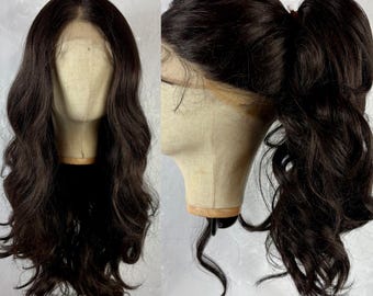 Daily wear WIG! Long Wavy UPDO Natural Black #2 Human hair blend, 360 Lace soft realistic hair that’s heat friendly