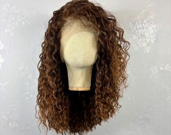Daily wear WIG! Curly Brown to Light Brown Ombre Human Hair Blend Lace Front Wig, Free Parting