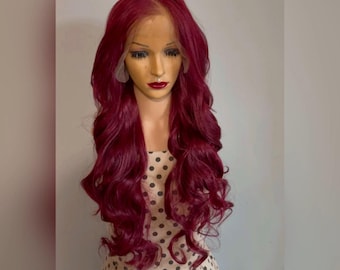 Daily wear WIG! Long wavy Dark Red wine Human Hair Blend, Lace Front, free parting, Heat Resistant