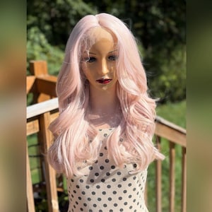 Daily WIG! Long wavy pink shimmer HUMAN Hair Blend, Lace Front