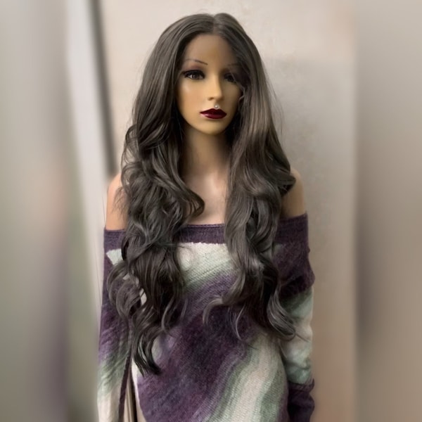 Long wavy daily wig. Charcoal grey Human Hair Blend lace front with middle parting.