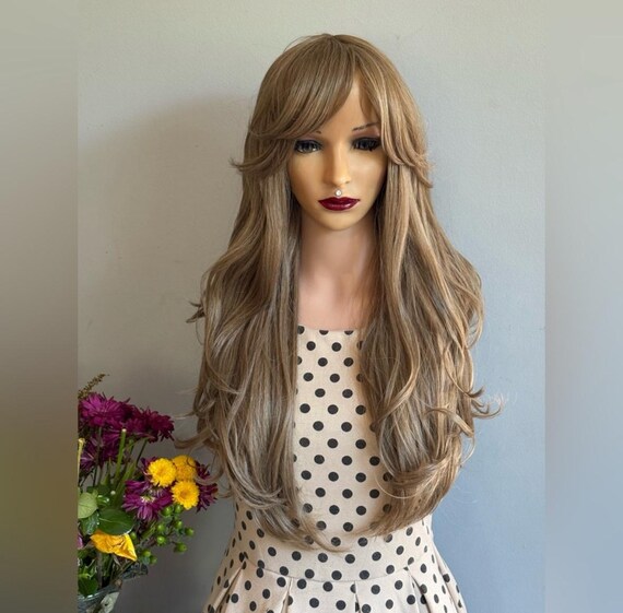 Long Wavy Ash Brown Wig With Bangs – Human Hair Blend Daily  display picture 3