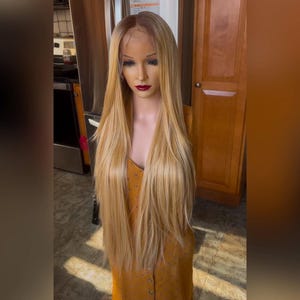 Daily WIG! Long straight Ombré Natural golden Blonde HUMAN hair Blend, Lace Front