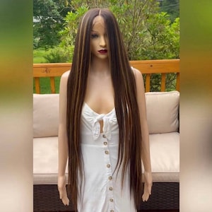 Super Long straight daily wig. brown with caramel highlights Human hair Blend
