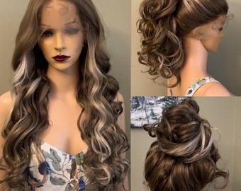 360 Lace Updo Wig – Long Curly Ash Blonde  with light Blonde highlights, Daily Wear, Natural Volume Style