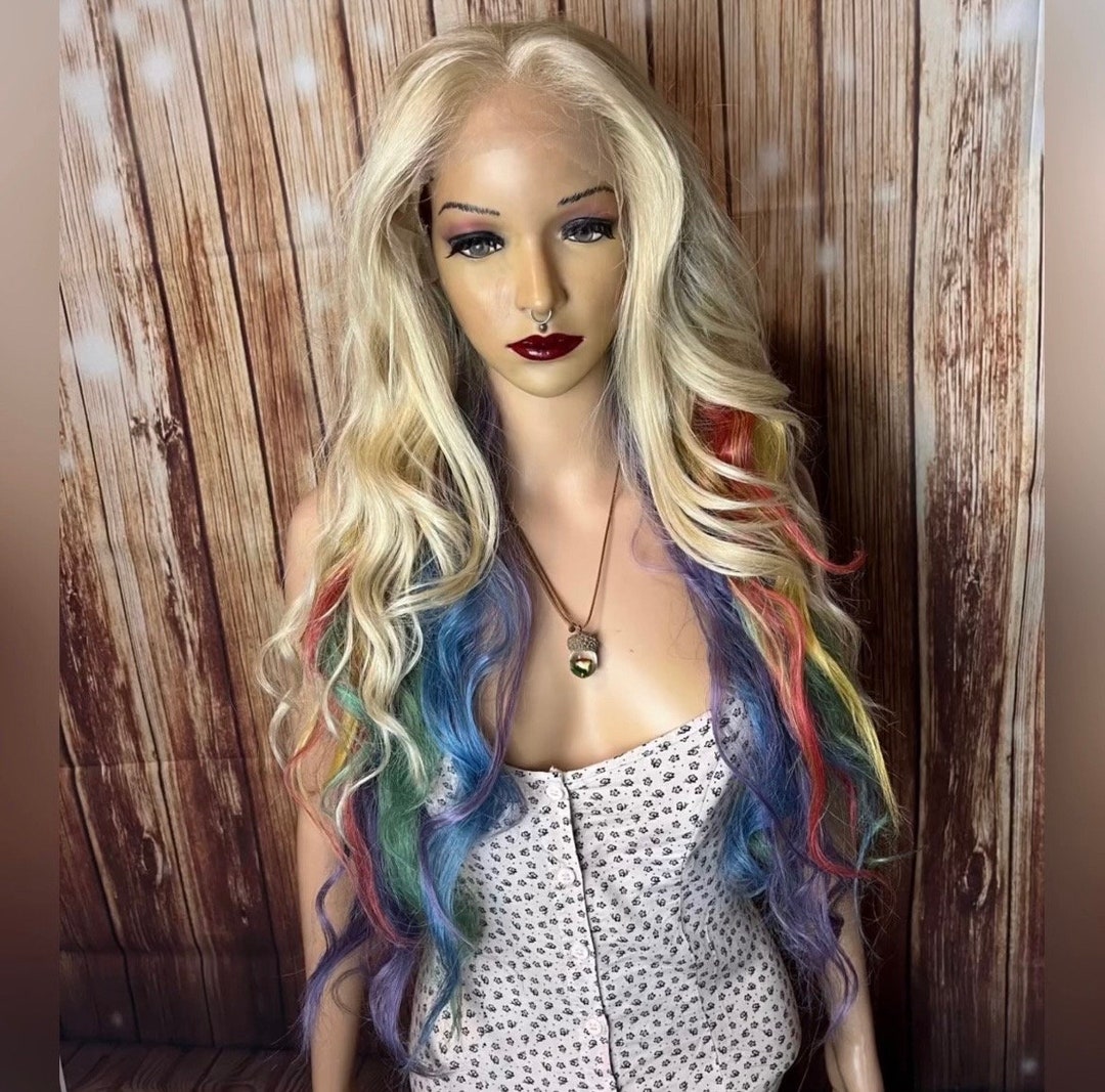 Platinum Blond with rainbow peekaboo human hair blend front Etsy 日本