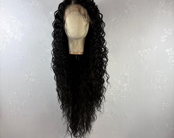 Daily WIG! Long Curly Black Human Hair Blend Lace Front Wig | Free Parting, Natural Look, Ready to Wear