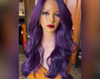 Daily WIG! Long wavy Purple melt HUMAN Hair Blend LACE front, side parting