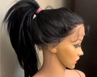 Long straight daily updo wig. Black human hair blend, 360 lace 13x2 free parting