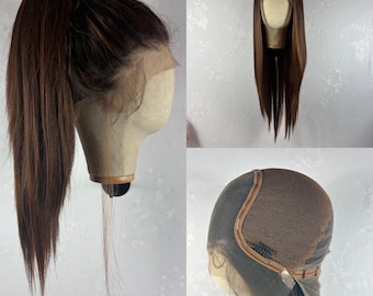 Täglich tragen VOLLSPITZE WIG! 28 ”Lange Ombre Braun Echthaar-Mischung frei Scheitel, realistisch weiches Haar, Hitze sicher