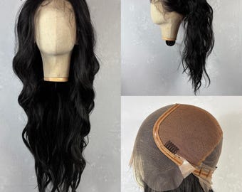 Daily Wear Full Lace Wig – Long Wavy Black Human Hair Blend, Free Parting, Natural Looking Wig