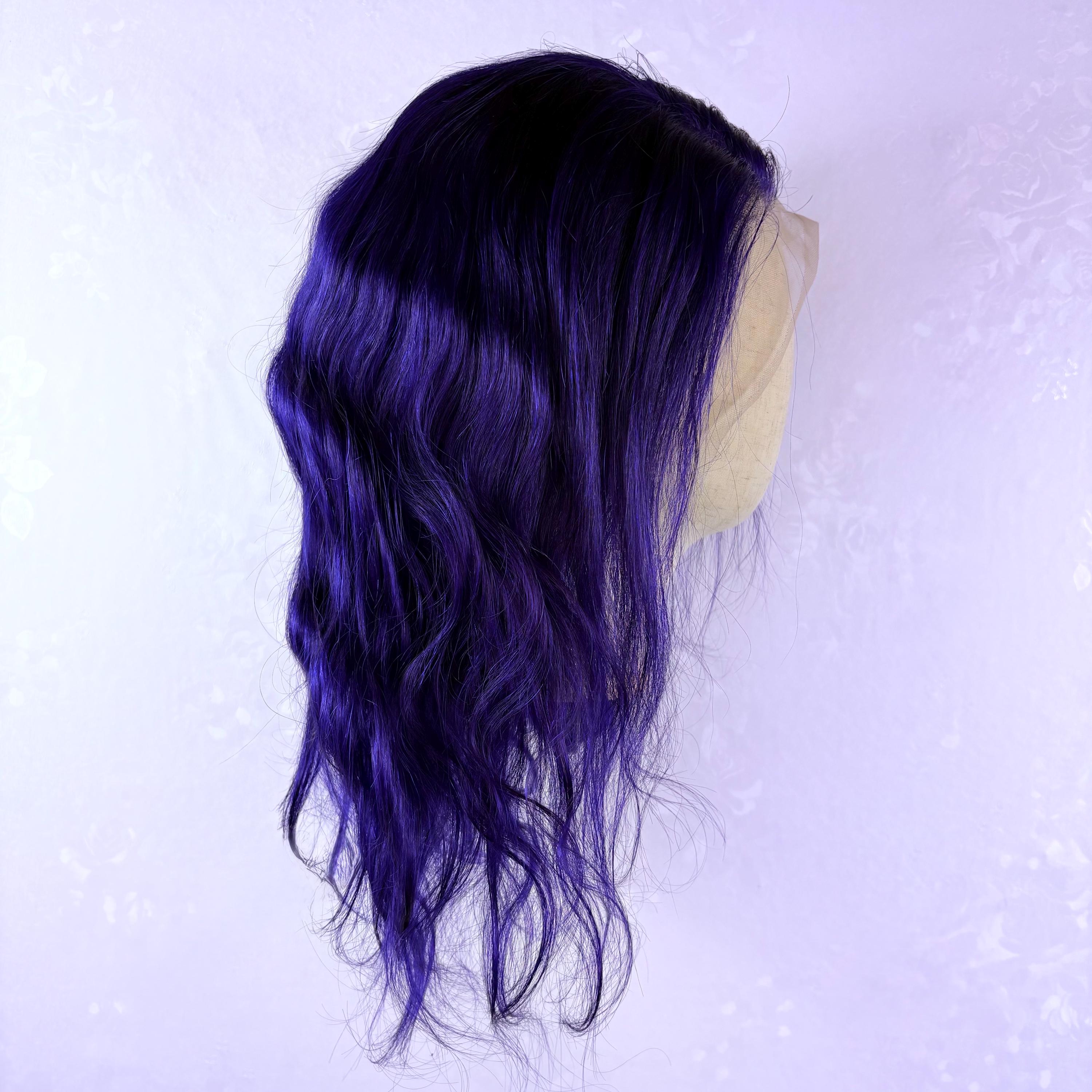 Human hair blend wig. Ombre look from dark to light purple look. Long Straight Black Purple Synthetic Wig with Bangs Purple  main image 2